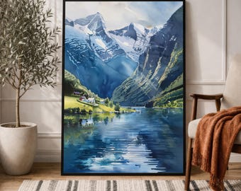 Norway Fjord Watercolor Print: Scandinavian Mountain Landscape