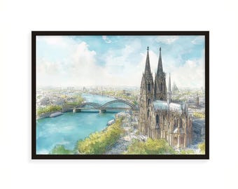 Cologne Cathedral Watercolor Print, Kölner Dom Wall Art, Germany Cityscape Painting, Rhine River