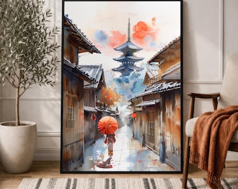 Kyoto Pagoda Watercolor Print | Japan Street Art | Gion Japanese District Decor
