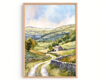 Yorkshire Dales Watercolor Print, English Countryside Landscape Painting