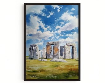 Stonehenge Watercolor Print, English Wall Art, British Landmark Landscape Painting