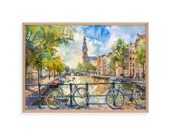 Amsterdam Canal Bicycle Art Print – Netherlands Cityscape Poster, Dutch Street Travel Artwork