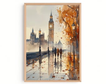 London Autumn Watercolor Painting, Big Ben and Westminster in Fall Along the Thames