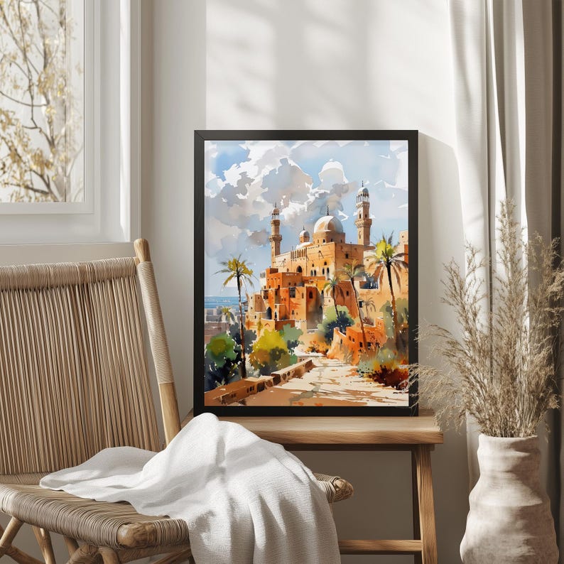 Lámina de arte islámico para pared — Paisaje urbano en acuarela de Samawah, Irak, póster de Oriente Medio imagen 16