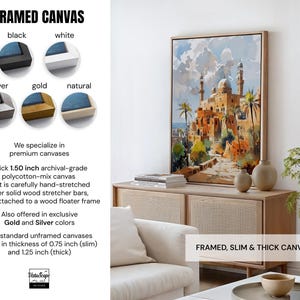 The image is a collage of various framed canvas prints, including a large painting of a desert cityscape with a mosque in the background. The collage showcases different color options for the canvas prints, such as black, white, silver, gold, and natural. The collage also features a wooden cabinet with a plant and a stack of books, as well as a framed, slim, and thick canvas print.