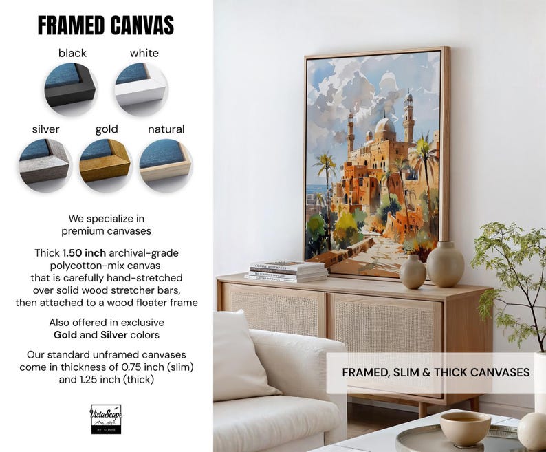 The image is a collage of various framed canvas prints, including a large painting of a desert cityscape with a mosque in the background. The collage showcases different color options for the canvas prints, such as black, white, silver, gold, and natural. The collage also features a wooden cabinet with a plant and a stack of books, as well as a framed, slim, and thick canvas print.