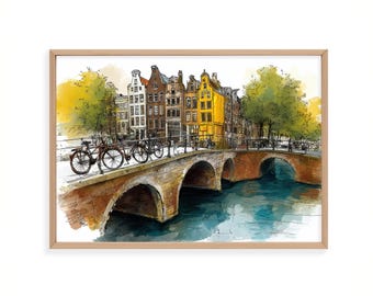 Amsterdam Canal Print, Netherlands Bridge Wall Art, Historic Dutch Architecture Cityscape Poster