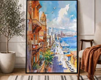 Arte mural de Beirut: Paisaje urbano en acuarela de la costa mediterránea del Líbano