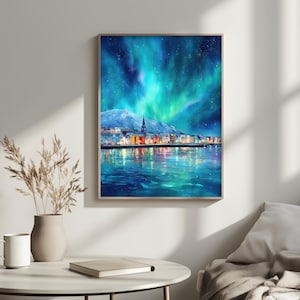Reykjavik Northern Lights Print | Iceland Wall Art | Aurora Borealis Painting | Scandinavian. Decor image 13