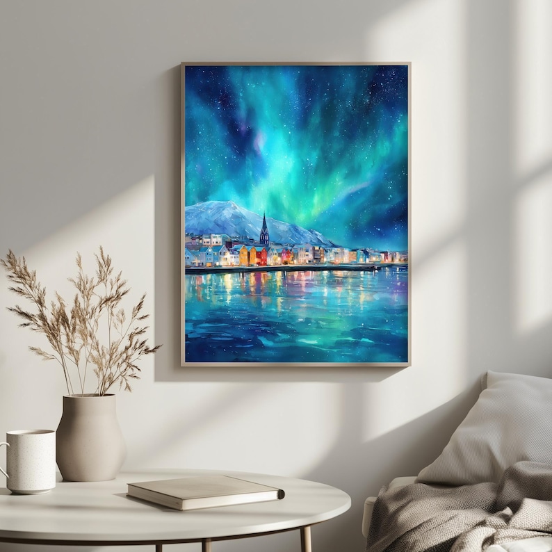 Reykjavik Northern Lights Print | Iceland Wall Art | Aurora Borealis Painting | Scandinavian. Decor image 13