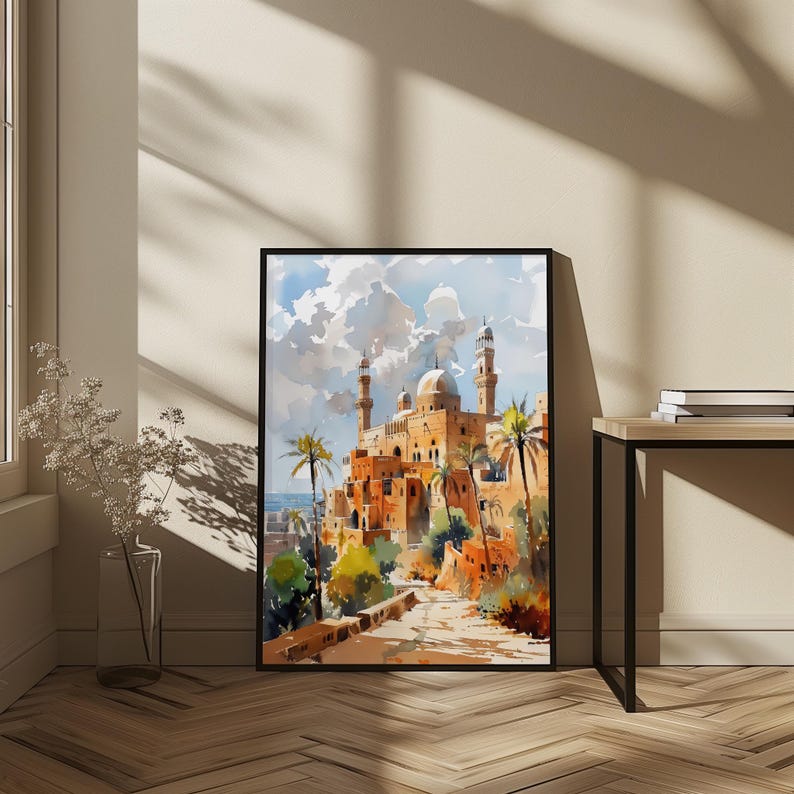 Lámina de arte islámico para pared — Paisaje urbano en acuarela de Samawah, Irak, póster de Oriente Medio imagen 2