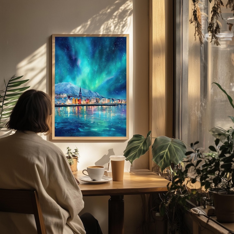 Reykjavik Northern Lights Print | Iceland Wall Art | Aurora Borealis Painting | Scandinavian. Decor image 14