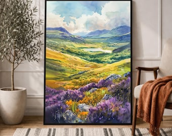 Scottish Highlands Landscape Print – Heather Valley Wall Art, Scotland Nature Painting