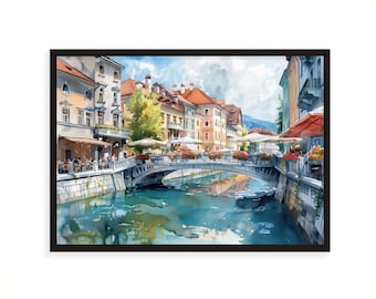 Pintura de acuarela de Liubliana, río Ljubljanica y puente del casco antiguo, arte mural de paisaje urbano de Eslovenia