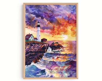 Portland Head Light Watercolor Print – Maine Lighthouse Wall Art, New England Seascape Painting