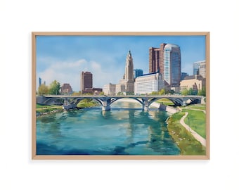 May include: A framed art print of a cityscape featuring a river, bridge, and buildings under a blue sky. The artwork showcases a detailed depiction of a city with various architectural styles, with a focus on the bridge and water.