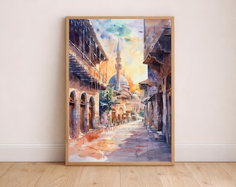 Lámina de acuarela de la Ciudad Vieja de Damasco / Póster del paisaje del bazar sirio