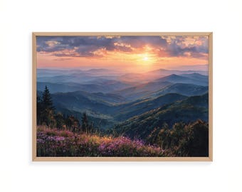 Kunst aan de muur Shenandoah National Park, Blue Ridge Mountains zonsondergang print, Virginia landschapsschilderkunst, decor schilderachtig uitzicht op de bergen
