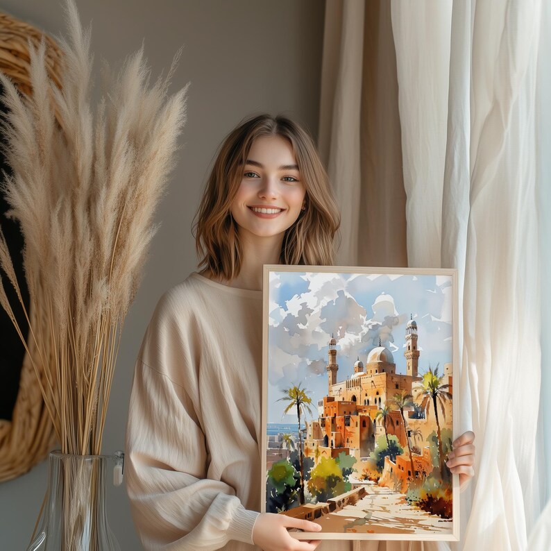 Lámina de arte islámico para pared — Paisaje urbano en acuarela de Samawah, Irak, póster de Oriente Medio imagen 13