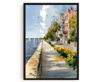 Charleston Wall Art Print — The Battery South Carolina, Watercolor Coastal Poster