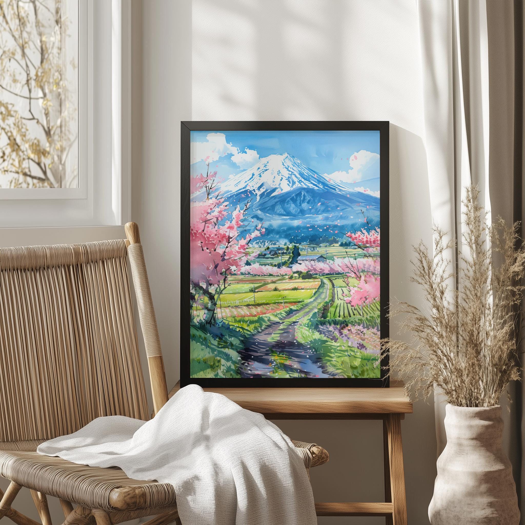 富士山水彩画プリント：日本の桜の風景 - Etsy 日本