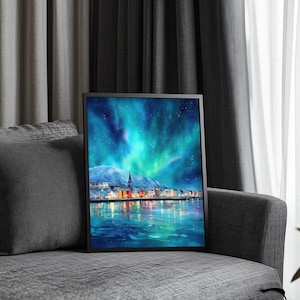 Reykjavik Northern Lights Print | Iceland Wall Art | Aurora Borealis Painting | Scandinavian. Decor image 8