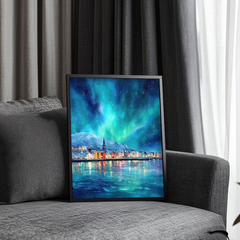 Reykjavik Northern Lights Print | Iceland Wall Art | Aurora Borealis Painting | Scandinavian. Decor image 8
