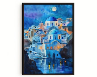 Lámina con pintura nocturna de Santorini Oia – Arte mural de Grecia, póster de cúpulas azules, Mediterráneo, Mar Egeo