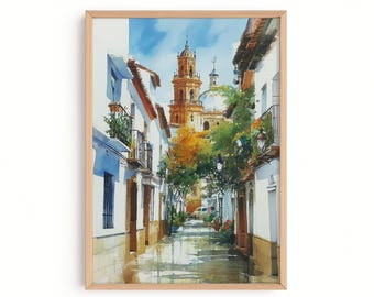 Seville Watercolor Print, Sevilla Street Wall Art, Andalusia Architecture, Spanish Old Town Poster