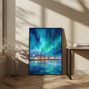 Reykjavik Northern Lights Print | Iceland Wall Art | Aurora Borealis Painting | Scandinavian. Decor image 10