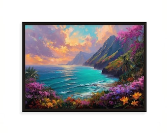 Hawaiian Coastal Mountains Wall Art, Hawaii Sunset, Tropical Landscape Print, Na Pali Coast Decor