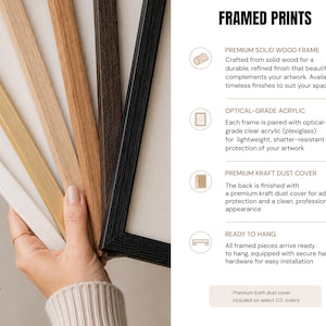 a hand holding a variety of framed prints, including a wooden frame, an acrylic frame, and a dust cover.