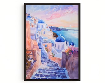 Lámina de Santorini Oia / Arte mural costero de Grecia / Pintura en acuarela de cúpulas azules