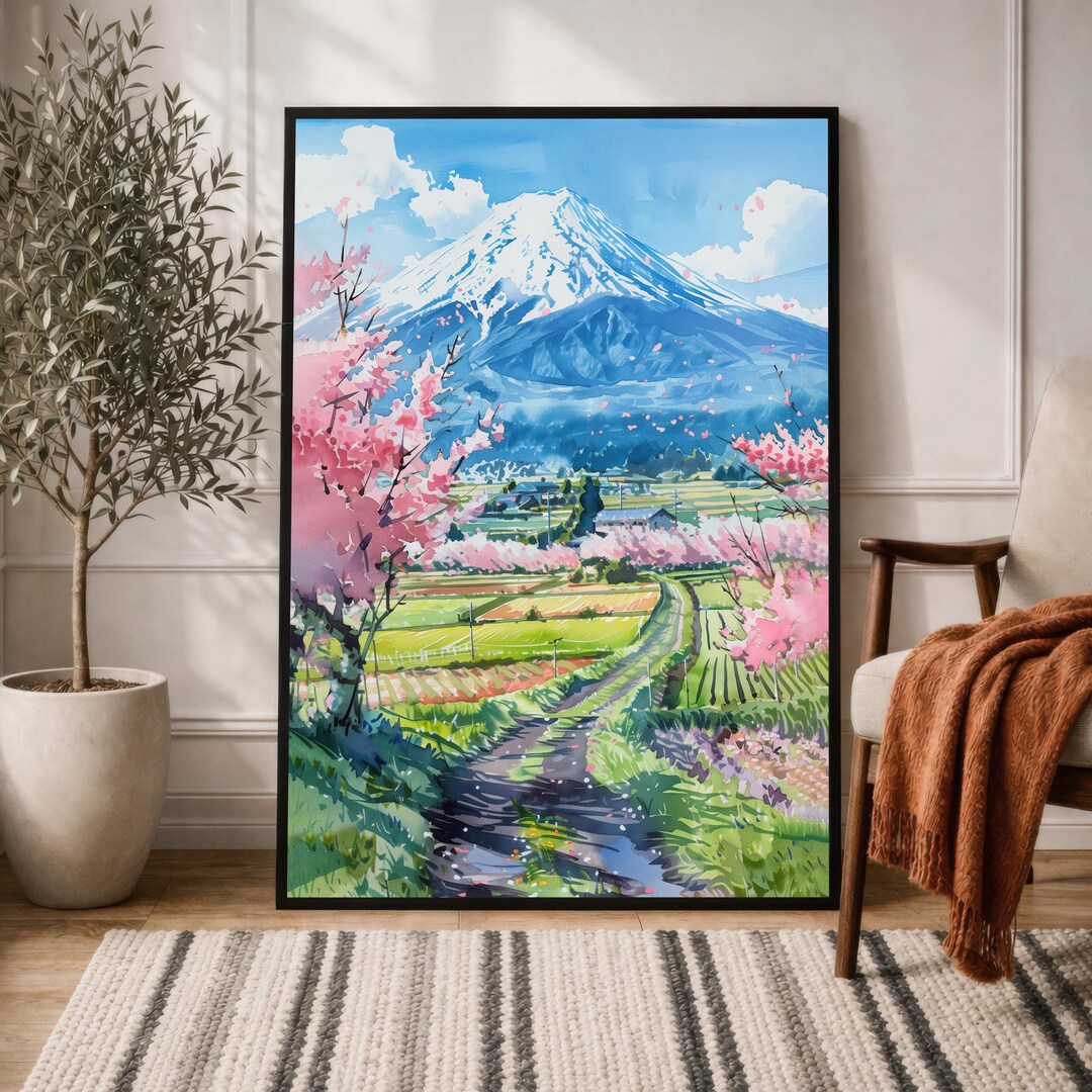 富士山水彩画プリント：日本の桜の風景 - Etsy 日本