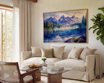 Grand Teton Watercolor Art Print - Wyoming Nature Scene, Scenic Lake Decor