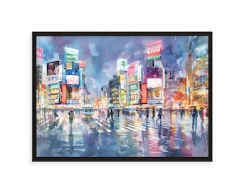 Shibuya Crossing Watercolor Poster, Tokyo Neon Street with Rain and Reflections, Japan Wall Art