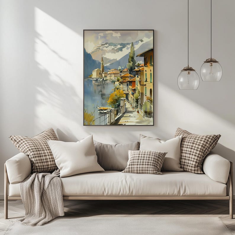 Italian Wall Art Print — Lake Como Village, Watercolor Landscape Poster ...