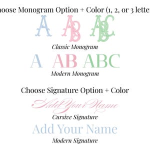 Puede incluir: Imagen que muestra opciones de monogramas y firmas. El texto dice "Elige la opción de monograma + Color" con ejemplos en azul, rosa y verde. Se muestran estilos como "Monograma clásico" y "Monograma moderno". También se muestra "Elige la opción de firma + Color".