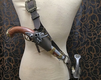 Pirate luxury heavy leather baldric for latex sword with optional flintlock holster. A must have for serious pirate LARPER. Cosplay.