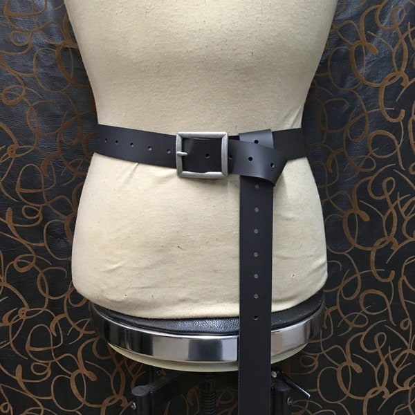 Medieval leather long belt with massive square buckle, black or brown, SCA, LARP