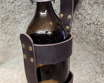 Large medieval style glass bottle with leather holder and 2 closure , high quality.