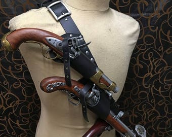 Cintura marrone doppia pistola pirata con pistole gemelle Steampunk accessorio per travestimento
