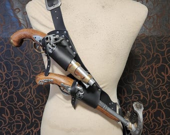 Kit de funda de cuero para bandolera pirata con 2 fundas delanteras para pistolas de chispa y múltiples opciones, desde soporte para espada hasta funda para trabuco. Ideal para cosplay.