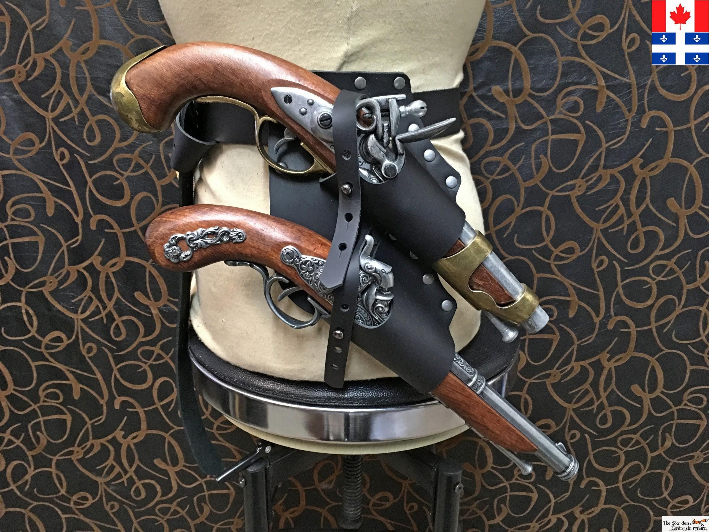 海賊風レザーベルト、フリントロックピストル用ダブルホルスター。海賊