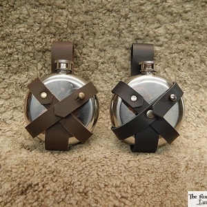 Potion flask to put on a belt, metal flask with leather support, SCA, LARP safe.