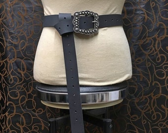 Heavy leather long belt with massive engraved buckle, multiple color option. Medieval, viking, renaissance, LARP