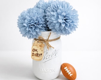 Blaue Dahlie Baby-Dusche-Mittelstück, Baby-Dusche-Dekor, Einmachglas Blumenschmuck, personalisiertes Baby-Dusche-Geschenk, Kinderzimmer Dekor