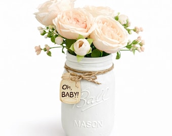 Baby Shower Mason Jar Centerpiece, Pink English Rose Flower Arrangement, Baby Girl Shower Decor, Personalized Baby Shower Gift Nursery Decor