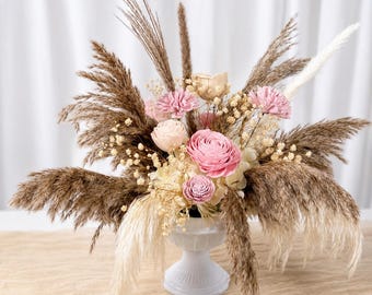 Blush Pink Sola Wood Wedding Centerpiece, Ivory White Dried Floral Medium Arrangement in Compote Vase, Boho Table Decor, Reception Flowers