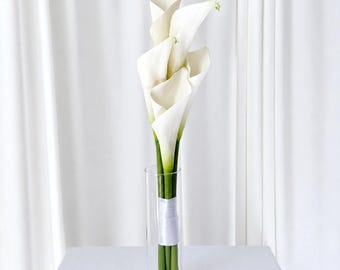 May include: A bouquet of white calla lilies with long green stems arranged in a clear cylindrical glass vase. The stems are bound together with a smooth white ribbon near the base of the flowers, creating a clean and vertical floral display.